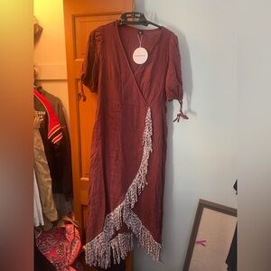 SHEIN Burnt Orange and White Asymmetrical Wrap Dress with fringe